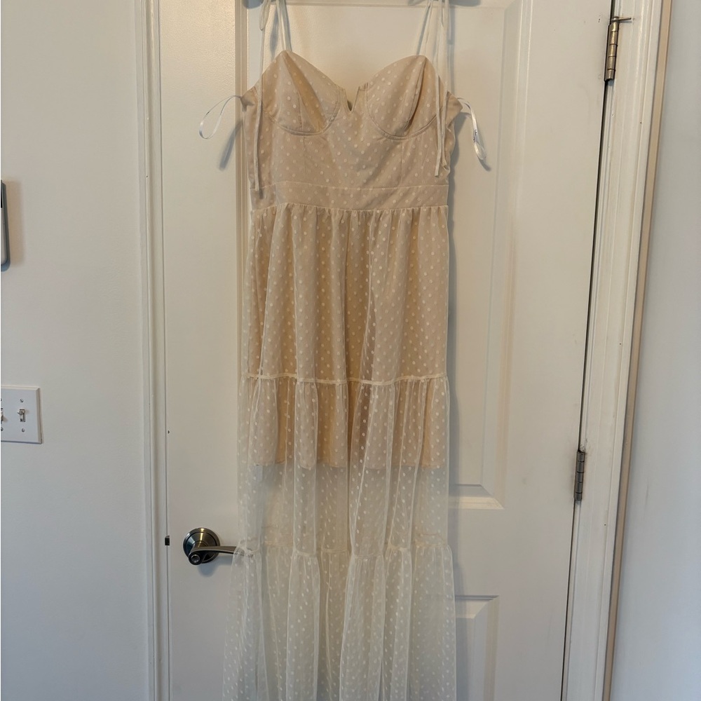 Lulu’s Romantic Spot Cream Polka Dot Mesh Tiered Midi Dress